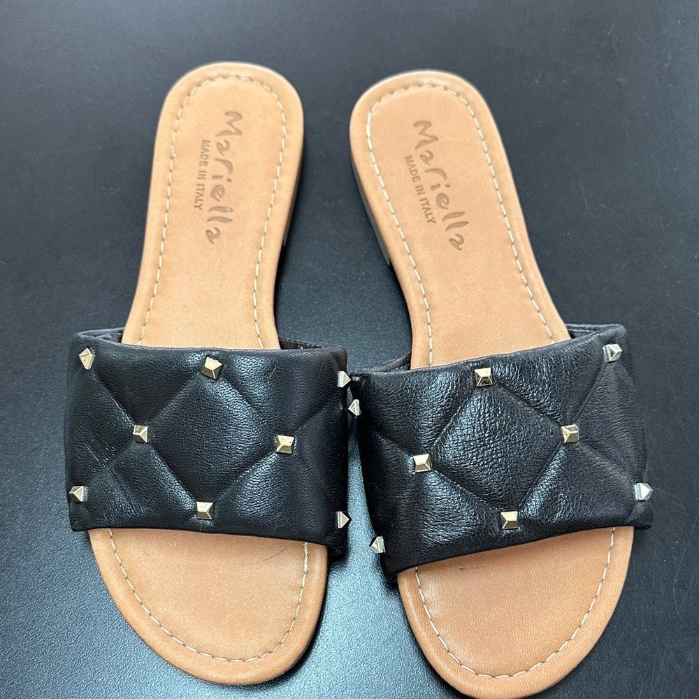 MARELLA Black Quilted Leather Slide Sandals with Gold Studs